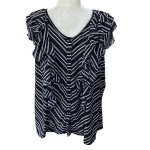 French Laundry Top Women Ruffle Button Down Stripe Black White Plus Size 18 / 20